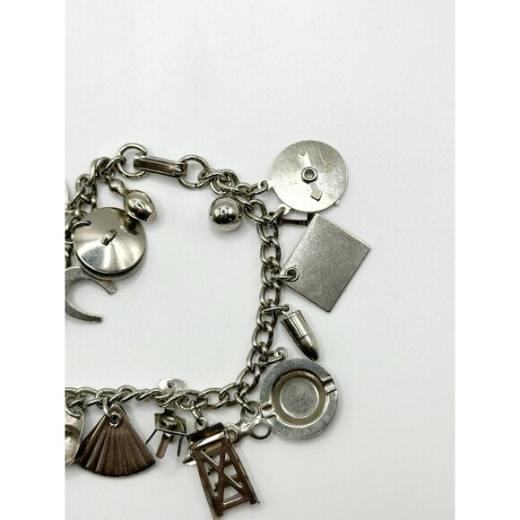 VINTAGE 1950'S 7" SILVERTONE METAL MECHANICAL CHARM BRACELET 18 CHARMS - Picture 3 of 6